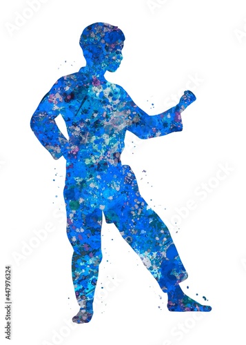 Taekwondo Karate defense blue watercolor art, abstract sport painting. blue sport art print, watercolor illustration artistic, decoration wall art. © Yahya Art