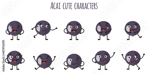 Acai fruit cute funny cheerful characters with different poses and emotions.