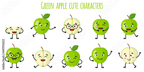 Green apple fruit cute funny cheerful characters with different poses and emotions.