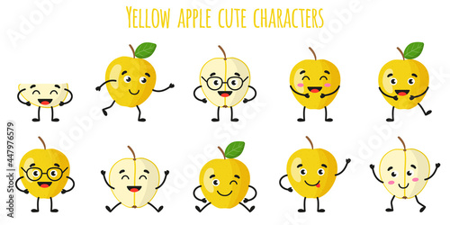 Yellow apple fruit cute funny cheerful characters with different poses and emotions.