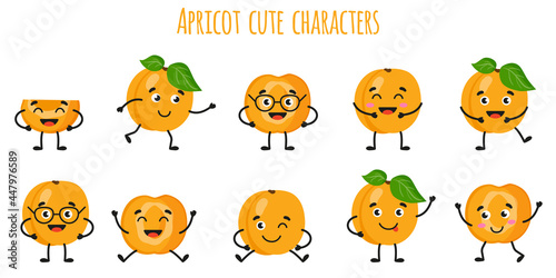 Apricot fruit cute funny cheerful characters with different poses and emotions.