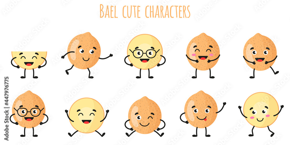 Bael fruit cute funny cheerful characters with different poses and emotions. Bael fruit cute funny cheerful characters with different poses and emotions.