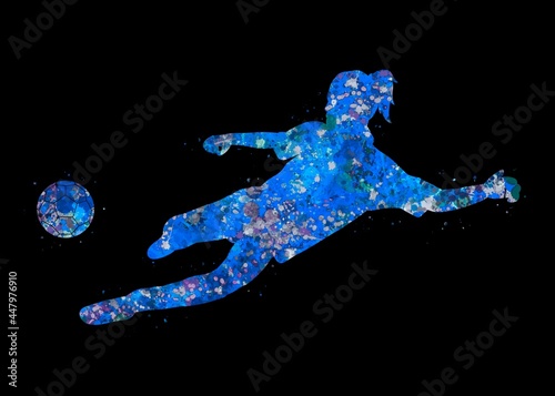 Soccer player girl blue watercolor art black background, abstract sport painting. blue sport art print, watercolor illustration artistic, decoration wall art.