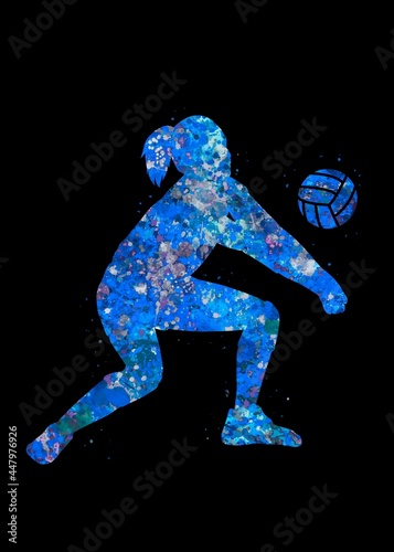 Volleyball Player Girl blue watercolor art black background  abstract sport painting. blue sport art print  watercolor illustration artistic  decoration wall art.