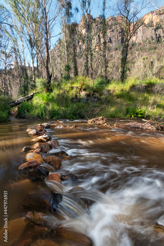 cascades in the creek at the foot of mountains photo