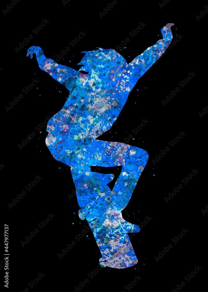 Skateboard girl blue watercolor art black background, abstract sport painting. blue sport art print, watercolor illustration artistic, decoration wall art.