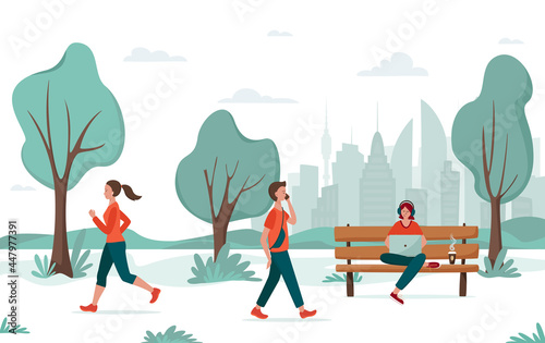 Outdoor activity. Young people walking in the city or university park. Jogging girl, young man, freelancer with laptop on a bench. Urban recreation concept, college campus, remote working