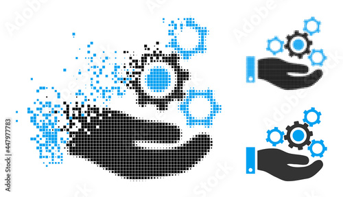 Erosion pixelated mechanics service pictogram with destruction effect, and halftone vector pictogram. Pixel destruction effect for mechanics service shows speed and movement of cyberspace concepts.