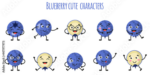 Blueberry fruit cute funny cheerful characters with different poses and emotions.