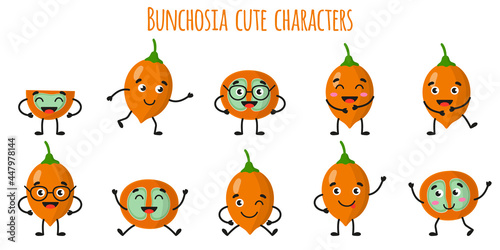 Bunchosia fruit cute funny cheerful characters with different poses and emotions. photo