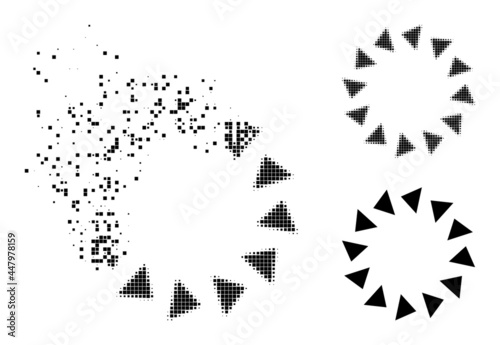 Destructed pixelated rotate ccw glyph with destruction effect, and halftone vector symbol. Pixelated disappearing effect for rotate ccw demonstrates speed and movement of cyberspace objects.