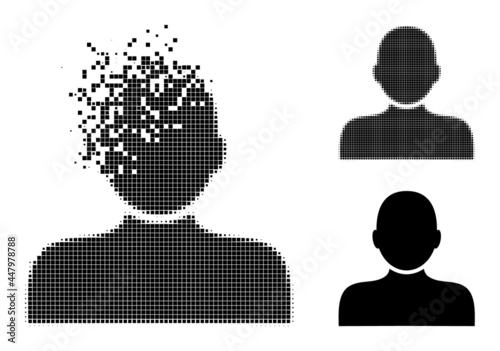 Moving pixelated man person glyph with wind effect, and halftone vector icon. Pixelated mist effect for man person reproduces speed and movement of cyberspace items.