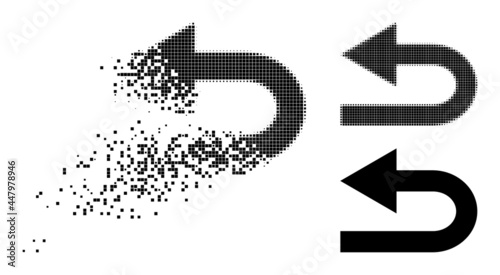 Dissipated dot turn left pictogram with wind effect, and halftone vector pictogram. Pixelated erosion effect for turn left gives speed and movement of cyberspace items.