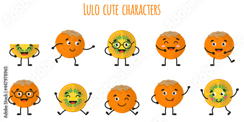 Lulo fruit cute funny cheerful characters with different poses and emotions. photo