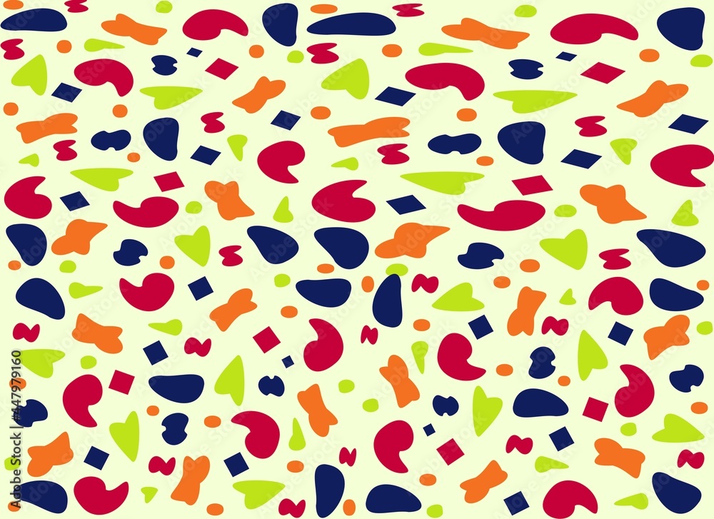 A repeating pattern of colored spots of different sizes and shapes for printing on paper and textiles
