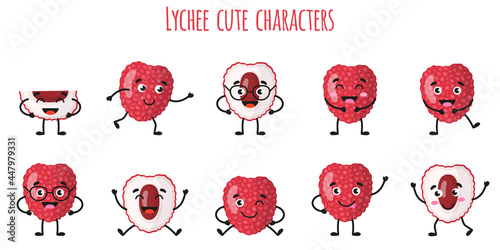 Lychee fruit cute funny cheerful characters with different poses and emotions.