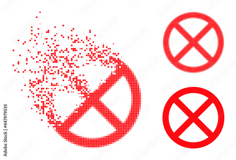 Obraz premium Decomposed dotted stopped icon with destruction effect, and halftone vector icon. Pixelated dissolving effect for stopped gives speed and movement of cyberspace items.