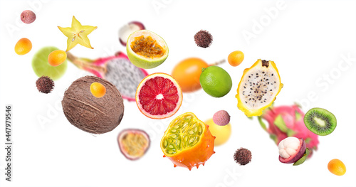 Different tasty exotic fruits flying on white background. Banner design