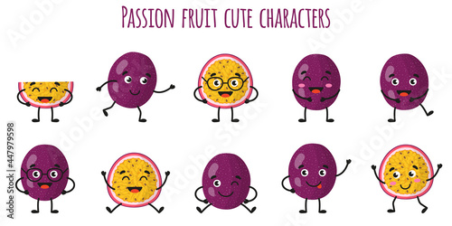 Passion fruit cute funny cheerful characters with different poses and emotions.