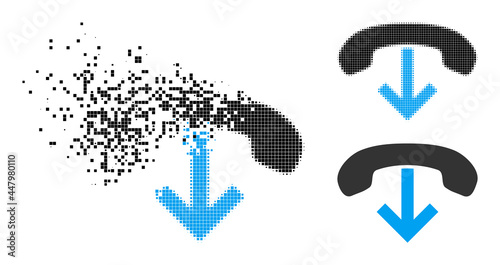 Burst pixelated phone hang up icon with wind effect, and halftone vector icon. Pixelated dust effect for phone hang up reproduces speed and motion of cyberspace matter.