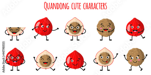 Quandong fruit cute funny cheerful characters with different poses and emotions. photo