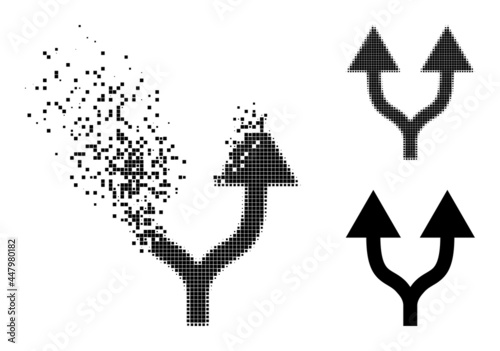 Erosion pixelated split arrows up glyph with wind effect, and halftone vector pictogram. Pixelated disappearing effect for split arrows up demonstrates speed and movement of cyberspace concepts.