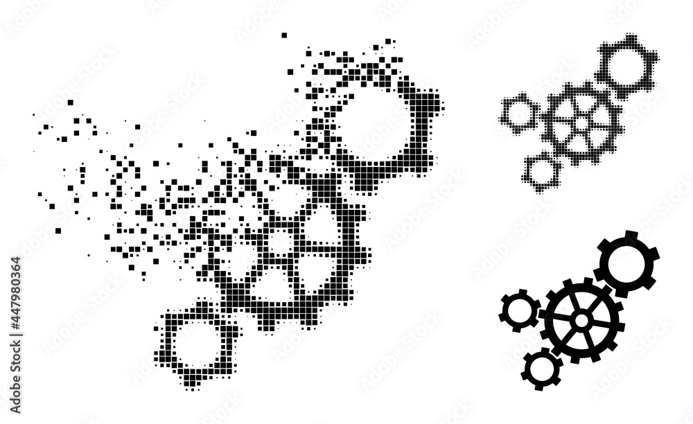 Dissolving pixelated mechanism icon with destruction effect, and halftone vector pictogram. Pixelated dissolution effect for mechanism reproduces speed and motion of cyberspace objects. Dissolving pixelated mechanism icon with destruction effect, and halftone vector pictogram. Pixelated dissolution effect for mechanism reproduces speed and motion of cyberspace objects.
