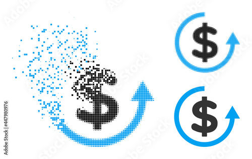 Damaged pixelated refund icon with destruction effect, and halftone vector composition. Pixelated disintegrating effect for refund gives speed and motion of cyberspace things.