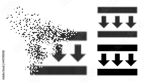 Burst dot pressure down icon with wind effect, and halftone vector icon. Pixelated erosion effect for pressure down demonstrates speed and movement of cyberspace items.