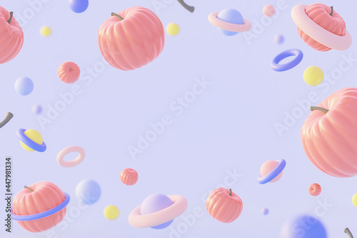 Flying Pumpkins and Planets in Space, Futuristic Concept on the Theme of Helloween, 3D Illustration, Render