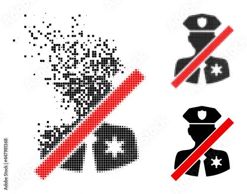 Burst pixelated stop police patrol pictogram with destruction effect, and halftone vector composition.