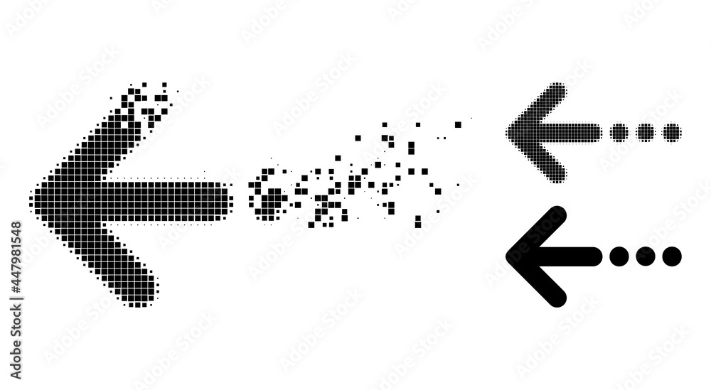 Dissolving pixelated send left pictogram with destruction effect, and halftone vector pictogram. Pixelated degradation effect for send left demonstrates speed and movement of cyberspace abstractions. Dissolving pixelated send left pictogram with destruction effect, and halftone vector pictogram. Pixelated degradation effect for send left demonstrates speed and movement of cyberspace abstractions.