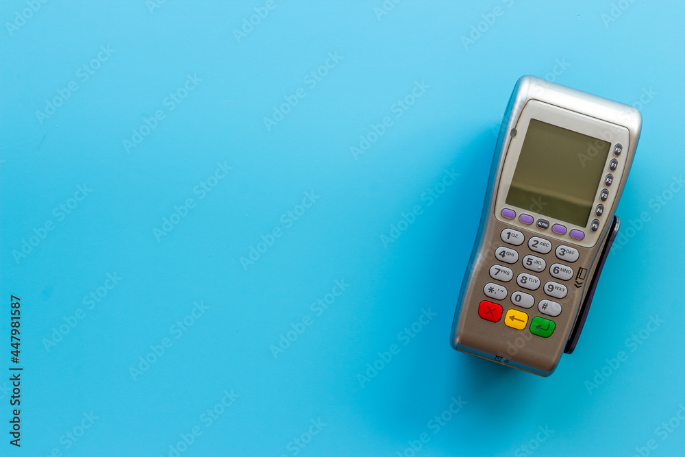 Pos credit card terminal, top view. Payment transactions concept Pos credit card terminal, top view. Payment transactions concept