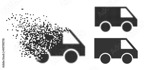 Damaged pixelated van icon with wind effect, and halftone vector composition. Pixelated defragmentation effect for van shows speed and movement of cyberspace concepts.