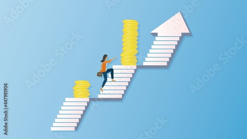 Climbing upstairs to earn more money. Vector illustration. Woman with portfolio climbing step by step to success in economy. Dimension 16:9. EPS10.