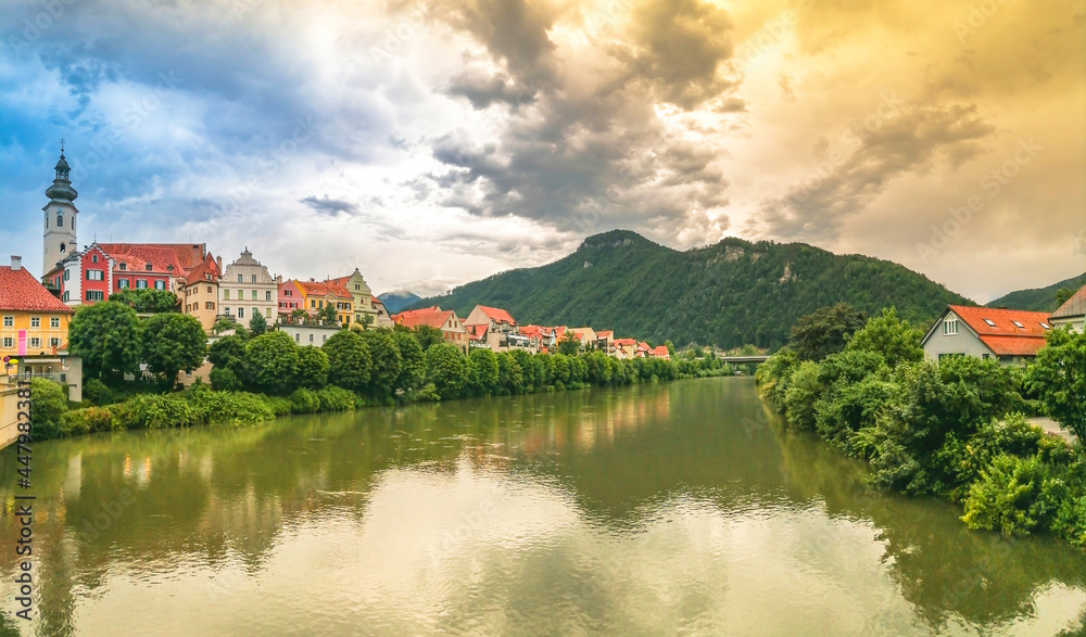 The charming little town of Frohnleiten on the Mur river in the district of Graz-Umgebung, Styria region, Austria The charming little town of Frohnleiten on the Mur river in the district of Graz-Umgebung, Styria region, Austria