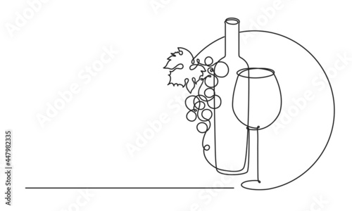 Wine glass, a bottle of wine and grapes. Still life. Sketch. Line draw. Décor.