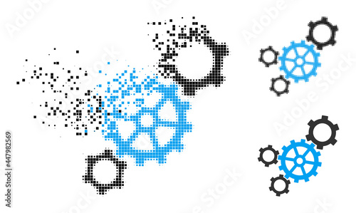 Disintegrating dot mechanism pictogram with wind effect, and halftone vector pictogram. Pixelated mist effect for mechanism reproduces speed and motion of cyberspace matter.