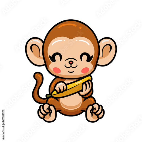 Cute baby monkey cartoon sitting with banana