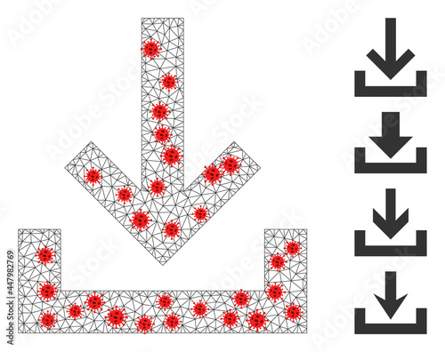 Mesh inbox with lockdown style. Mesh wireframe inbox image in low poly style with combined linear items and red virus items. Vector structure is created from inbox with virus centers.