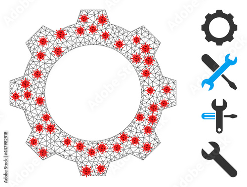 Polygonal gear in lockdown style. Polygonal wireframe gear image in low poly style with combined linear items and red coronavirus elements. Vector model is created from gear with infection elements.