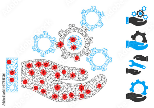 Polygonal mechanics service in lockdown style. Polygonal wireframe mechanics service image in lowpoly style with connected linear items and red infectious nodes.