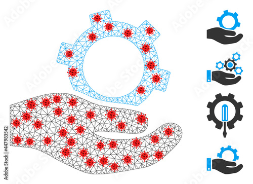 Net engineering service in lockdown style. Mesh carcass engineering service image in lowpoly style with combined linear items and red infection items.