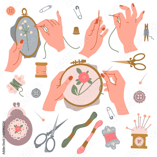 a set of elements for embroidery and needlework, women's hands embroider, thread a needle, scissors, bobbin, threads, macrame, floss, buttons, handmade purse, pudushka, beautiful products for decor in
