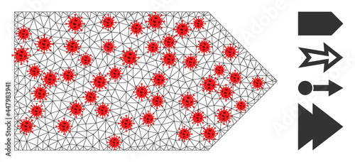 Polygonal direction right in lockdown style. Polygonal carcass direction right image in lowpoly style with connected linear items and red virus centers.