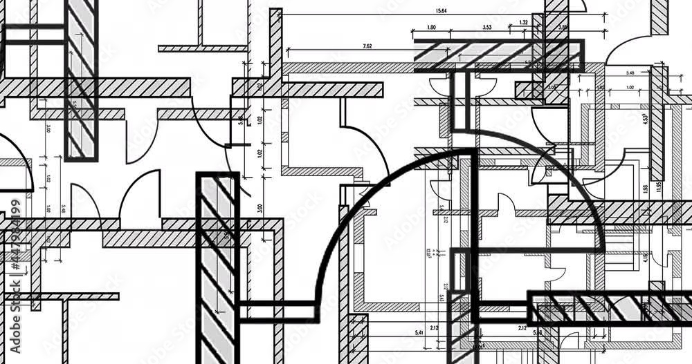 architecture design: vector illustration of a modern residential building, fly through overlayed, transparent and animated blueprints, modern sketch or plan, zoom out, high resolution backdrop, 4k 