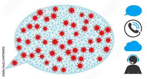 Polygonal message cloud with lockdown style. Polygonal wireframe message cloud image in lowpoly style with structured lines and red virus nodes.