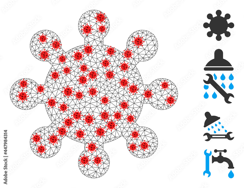 Polygonal gear with outbreak style. Mesh wireframe gear image in lowpoly style with structured linear items and red coronavirus centers. Vector model is created from gear with coronavirus items.