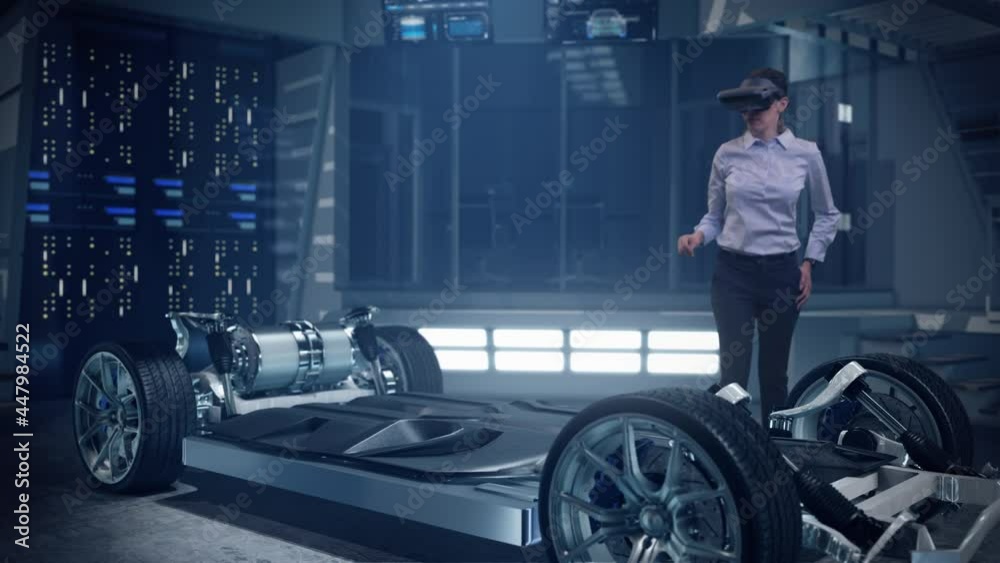 Mockup of Electric Vehicle: Automotive Female Professional Engineer working on design of Electric Car using Futuristic Augmented Reality Headset. High-tech facility. Electric car chassis. Mockup of Electric Vehicle: Automotive Female Professional Engineer working on design of Electric Car using Futuristic Augmented Reality Headset. High-tech facility. Electric car chassis.