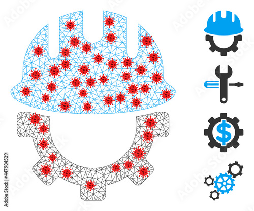 Mesh development hardhat in lockdown style. Mesh carcass development hardhat image in low poly style with organized lines and red coronavirus items.